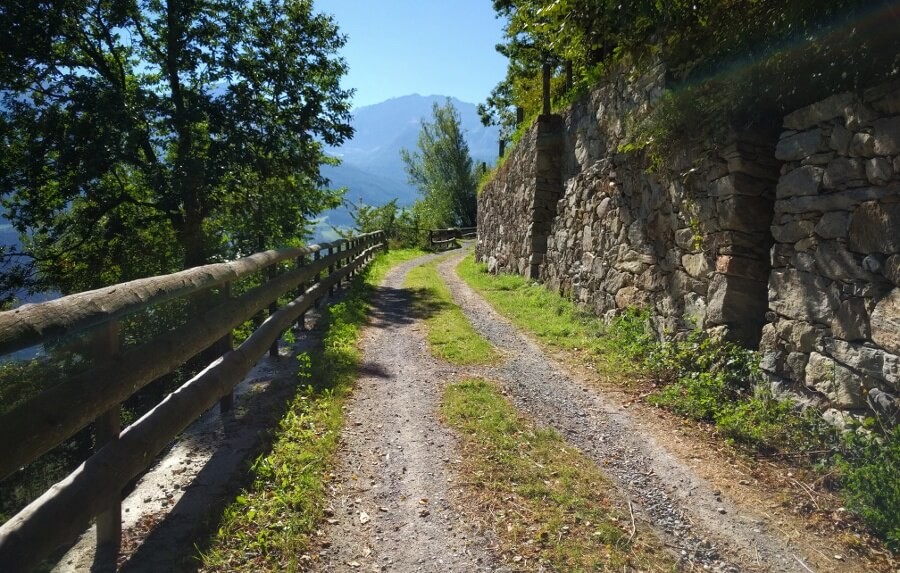 Der Feldweg zweigt von der asphaltierten Straße ab
